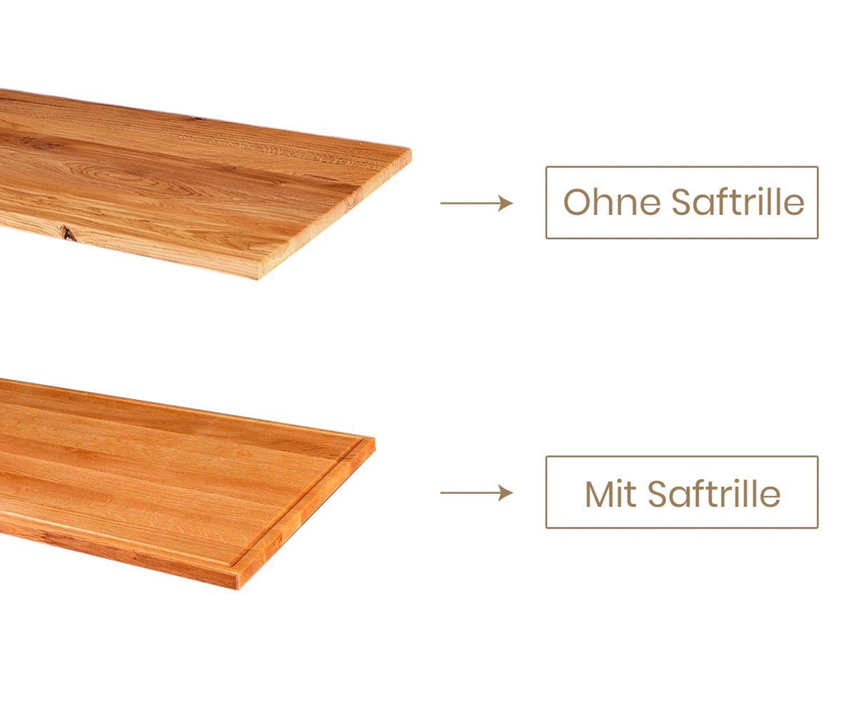 Vergleichsbild zweier Holzbretter mit und ohne Saftrille