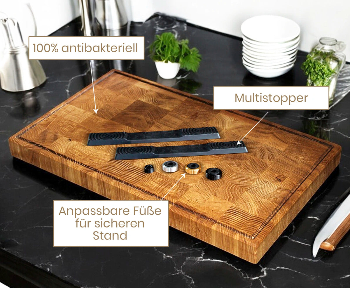 Multistopper, Aluminium- und Gummifüße auf Schneidebrett aus Stirnholz zum Vergleich.